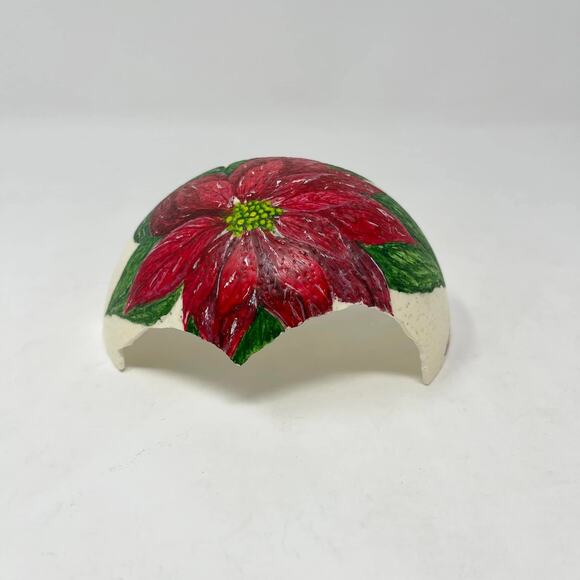 Hand Painted Red Poinsettia Flower Partial Ostrich Egg Signed Nebraska Artist - Picture 3 of 6
